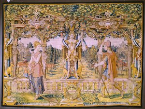 Flämischer Wandteppich. Serie Vertumnus und Pomona: Vertumnus verwandelt sich in einen Bauern. Atelier Willem de Pannemaker. Ca. 1545-1550 von Flemish School