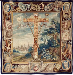 Flämische Tapisserie. Die Verherrlichung des heiligen Kreuzes. 17. Jahrhundert. Eigentum der Kirche Sint-Walburgakerk Oudenaarde (Dekenij van de Sint-Walburga).