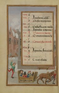 Ms 1058-1975 f1v Straßenszene im Schnee, illuminierte Kalenderseite für Januar, aus einem Stundenbuch, ca. 1500