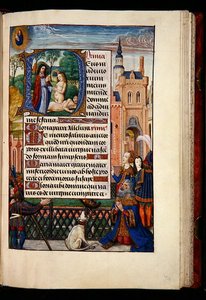 Ms 1058-1975, f.74r: König David betet zur Jungfrau und dem Kind und eine historisierte Initiale D, die die Erschaffung Evas darstellt, aus einem Stundenbuch, Brügge, ca. 1510