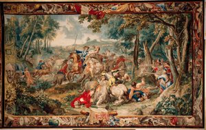 Palast (Schlossanlage Schleißheim). Flämischer Wandteppich. Brüsseler Atelier Judocus De Vos. Design Lambert De Hondt. Hinterhalt. Ca. 1715 - 1724.