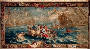 Schlossanlage Schleißheim. Flämischer Wandteppich. Brüsseler Atelier Judocus De Vos. Entwurf Lambert De Hondt. Seeschlacht von La Hogue. 400x792cm. Wolle und Seide. Ca. 1715 - 1724. von Flemish School