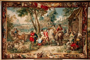 Palast. Flämischer Wandteppich. Brüsseler Atelier Judocus De Vos. Entwurf Lambert De Hondt. Plünderung. Wolle und Seide. Ca. 1715 - 1724