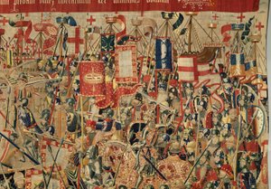 Pfarrmuseum der Wandteppiche (Museo Parroquial de Tapices de Pastrana). Flämischer Wandteppich. Einnahme von Arcila. Serie Eroberungen von König Alfonso I. von Portugal. Tournai.