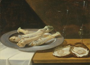 Schweineknöchel auf einem Zinnteller mit Austern und Weingläsern auf einem drapierten Tisch, um 1630 von Flemish School