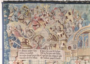 Szenen aus dem Leben des St. Remigius (gest. 553) Detail von Chlodwig I. (465-511) in der Schlacht von Tolbiac gegen die Alemannen im Jahr 496 n. Chr. von Flemish School