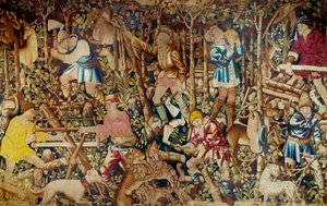 Szenen der Ernte und Holzfäller. Wandteppich der flämischen Schule. Tournai. 15. Jahrhundert Paris, dekorative Künste