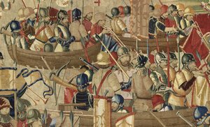 Wandteppich zeigt die Eroberungen von König Alfons V. von Portugal (Conquistas de Alfonso V de Portugal), Tournai. Detail.
