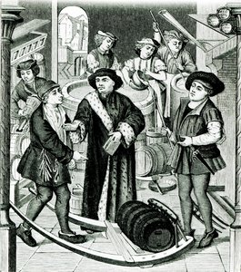 Der Bischof von Tournai empfängt den Zehnten des Bieres, gewährt von König Chilperic, nach einem Fenster der Kathedrale von Tournai