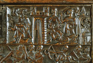 Die Courtrai-Truhe, die flämische Fußsoldaten zeigt, die französische Kavallerie besiegen (Detail)