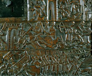 Die Courtrai-Truhe, die zwei Szenen aus der Schlacht der Goldenen Sporen in Courtrai 1302 darstellt (Detail) von Flemish School
