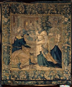 Die Universitätskollektionen. Flämischer Wandteppich. Jethros Töchter erzählen ihrem Vater von der Begegnung mit Moses. Oudenaarde. Ca. 1550