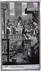 Odysseus bittet Alkinoos um die notwendige Hilfe, um in seine Heimat zurückzukehren. Illustration für Buch VII der Odyssee von Homer, veröffentlicht in Amsterdam 1731, Privatsammlung Mailand