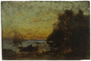 Boot und Segelboote, Sonnenuntergang. Auf der Rückseite: Marine, zwischen 1850 und 1860