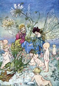 Frau-Libelle (Fee) und Elf umgeben von Babys - in „My Fairyland“ von Fiona Malcom, ill. Florence Anderson von Florence Anderson