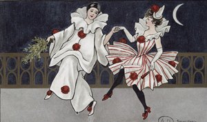 Postkarte mit Pierrot und seinem Begleiter, ca. 1900