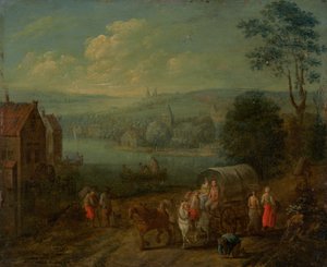 Flusslandschaft mit Dörfern und Reisenden [verso]