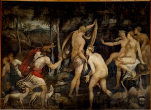 Diana (Artemis), Göttin der Jagd, und Aktäon, Jäger Gemälde der Schule von Fontainebleau (16. Jahrhundert)