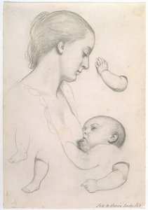 Mahlzeit des Säuglings - Studie einer Mutter und eines Kindes mit separaten Arm- und Bein-Studien des Kindes, 1848 von Ford Madox Brown