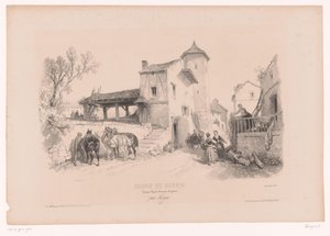 Dorfstraße mit Pferden und verschiedenen Figuren
