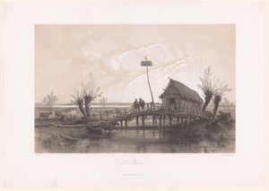 Moorlandschaft mit Kühen und Figuren bei einem Haus mit Brücke von Fortuné Ferogio