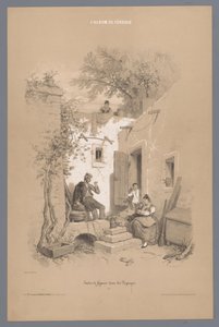 Eltern mit Kindern bei ihrem Dorfhaus von Fortuné Ferogio