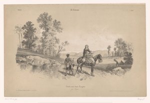 Frau auf einem Pferd mit Mann und Kind in einer Landschaft
