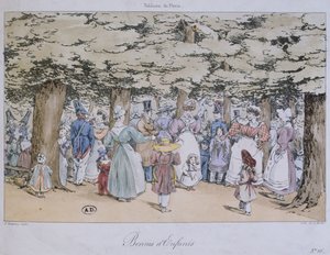 Kinder und Kindermädchen im Park, aus der Serie Tableau de Paris, graviert von C. Motte, 1827 von Fortune Delarue