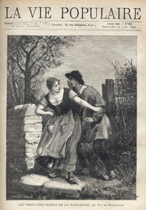 Ein Bauernpaar, der Mann in einer Bluse und Hufen, springt die junge Frau an, die ihn mit einem Lächeln und Licht zurückstößt. Illustration von E. Bertin für Les vingt-cinq francs de la supérieure von Guy de Maupassant (1850-1893). Gravur von Fortune Meaul von Fortune Louis Meaulle