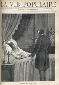 Ein Mann, überwältigt von Traurigkeit, steht am Bett einer schönen toten Frau und hält ihre Hand. Auf dem Nachttisch brennt eine Kerze und ein Kruzifix. Auf dem Kaminsims stehen eine Tasse und eine Frauenskulptur im antiken Kostüm. Illustration von Alfons  von Fortune Louis Meaulle