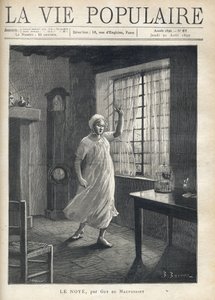 Eine Frau im Nachthemd und mit Nachthaube, mit einem Gesicht voller Angst, traurigen Augen und erhobener Hand, steht barfuß vor dem Fenster ihres Hauses, durch das man die Masten der Boote sieht. Innen eine Uhr, ein Vogelkäfig und wenig Möbel. Illustration
