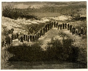 Carnac Menhir-Ausrichtungen. Zeichnung von Victor Hugo, graviert von Meaulle. Auszug aus dem Text von Hugo (En voyage en Bretagne)