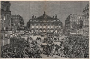 Unruhen in Paris gegen die Aufführung von Richard Wagners „Lohengrin“ im Palais Garnier 1891 - Patriotische Demonstration, Place de l