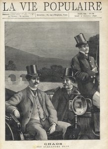 Zwei Männer im Anzug und Zylinder sitzen in einer Pferdekutsche, die von einem Kutscher gelenkt wird. Sie fahren entlang eines Flusses. Illustration für Chaos von Alexandre Hepp (1857-1924). Gravur von Fortune Meaulle (1844-1901) von Fortune Louis Meaulle