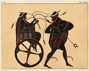 Druck der Dekoration auf einer griechischen Amphore, zeigt Triptolemus und Hermes, ca. 1858