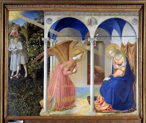 Die Verkündigung (im Hintergrund, Adam und Eva aus dem Paradies vertrieben), ca. 1445