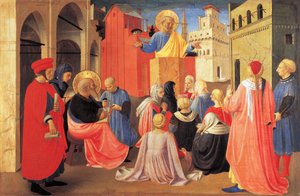 St. Peter predigt das Evangelium an St. Markus (Detail vom Predella des Tabernakels der Leinenweber)