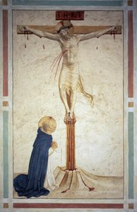 Die Kreuzigung mit dem heiligen Dominikus. Inschrift "INRI" auf dem Kreuz. Fresko von Guido di Pietro
