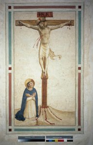 Die Kreuzigung mit dem heiligen Dominikus. Inschrift "INRI" auf dem Kreuz. Fresko von Guido di Pietro