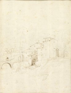 Wassermühle mit Figuren auf einer Bogenbrücke