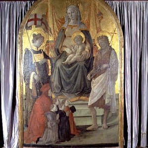 Madonna und Kind auf dem Thron mit den Heiligen Stephanus, Johannes dem Täufer, Francesco Datini (ca. 1335-1410) und der Familie Ceppo