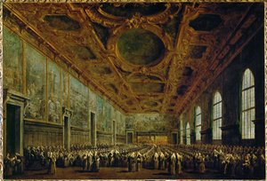 Nach seiner Wahl dankt der Doge dem Großen Rat im Großen Ratssaal des Dogenpalastes in Venedig, Italien