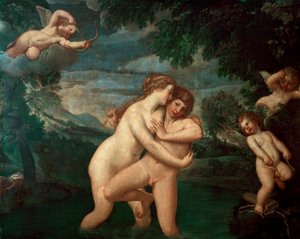 Salmacis im Bad zurückgewiesen von Hermaphroditus. Die Nymphe Salmacis, verliebt in den Sohn von Hermes und Aphrodite, sieht ihre Annäherungsversuche zurückgewiesen von Francesco Albani