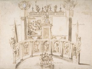 Entwurf für ein Gartenfest mit einer halbkreisförmigen Mauer und Statuen in Nischen, ca. 1635-79