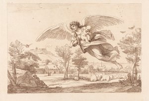Engel trägt zwei Babys und fliegt über schlafendes Vieh von Francesco Bartolozzi