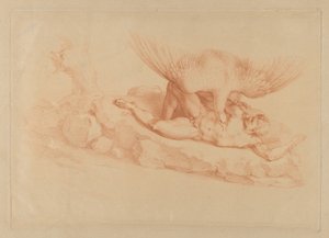 Prometheus, nackt, an einen Felsen gekettet, blickt zu einem Adler auf, der über ihm steht