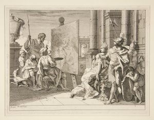 Apelles malt Campaspe, die Geliebte von Alexander dem Großen, eine von acht Drucken (Varii Baccanali et istorie)