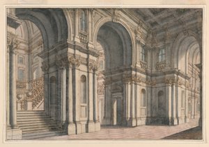 Zeichnung, Bühnenbild: Palastinterieur, 1700-1750 von Francesco Galli Bibiena