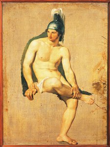 Studie eines nackten Kriegers, der mit Helm auf dem Kopf sitzt