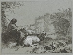 Hirte mit Schaf und Ziege